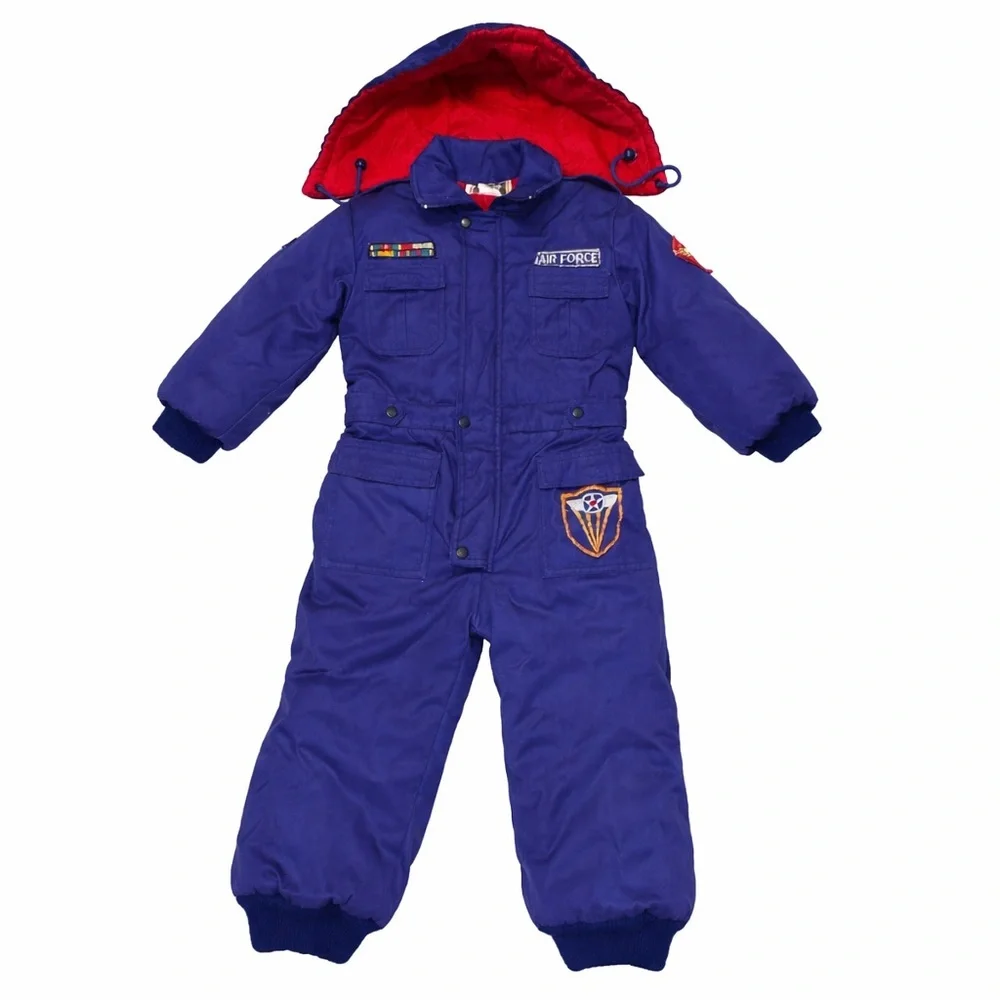 Kids Navy Blue Puffer Snowsuit with Red Lining - Air Force Patch